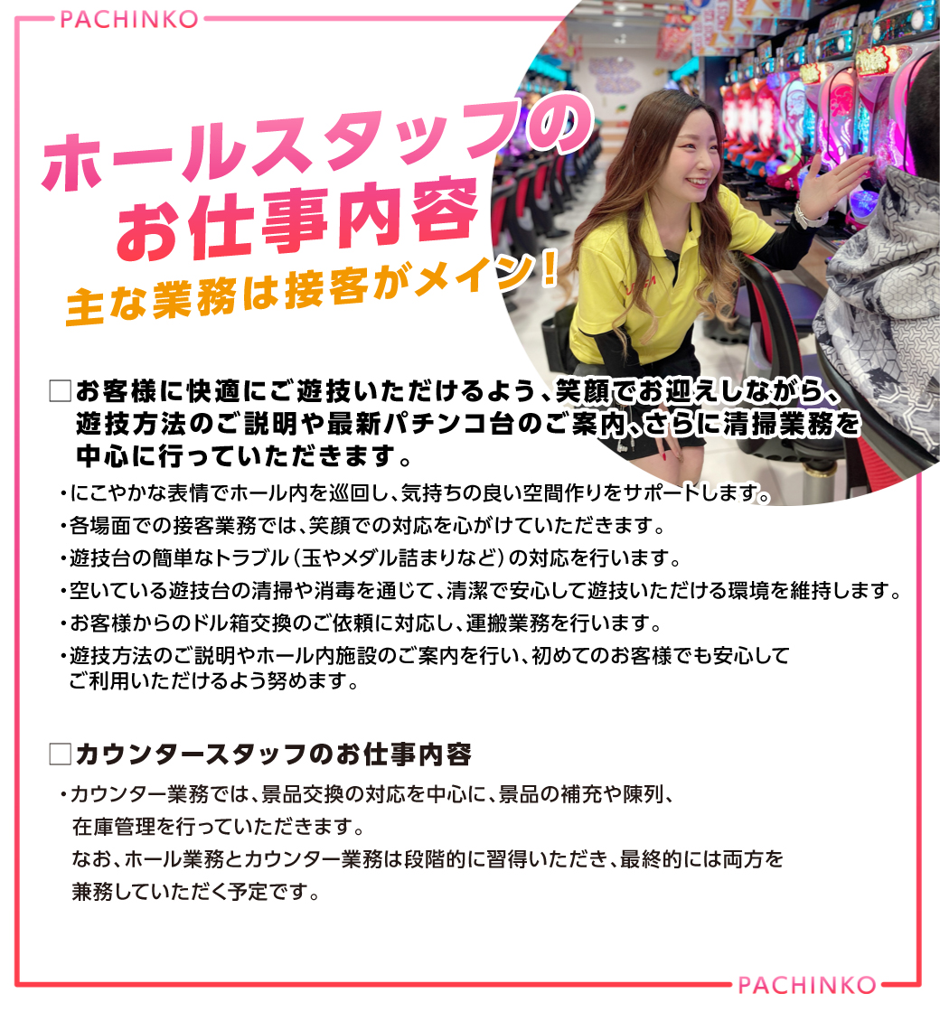 ホールスタッフの仕事内容を説明する画像。主に接客業務がメイン。